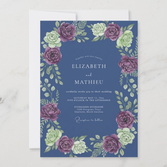 Romantic Slate Plum Leafy Wedding Invitation (Front)