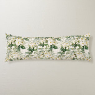 Romantic Smooth White Flowers and Green Leaves Body Cushion