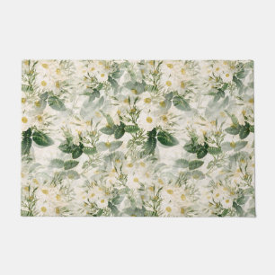 Romantic Smooth White Flowers and Green Leaves Doormat
