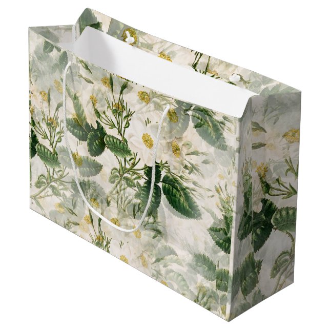 Romantic Smooth White Flowers and Green Leaves Large Gift Bag (Front Angled)