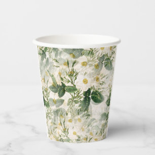Romantic Smooth White Flowers and Green Leaves Paper Cups