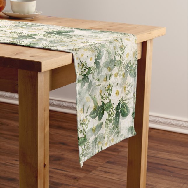 Romantic Smooth White Flowers and Green Leaves Short Table Runner (In Situ)