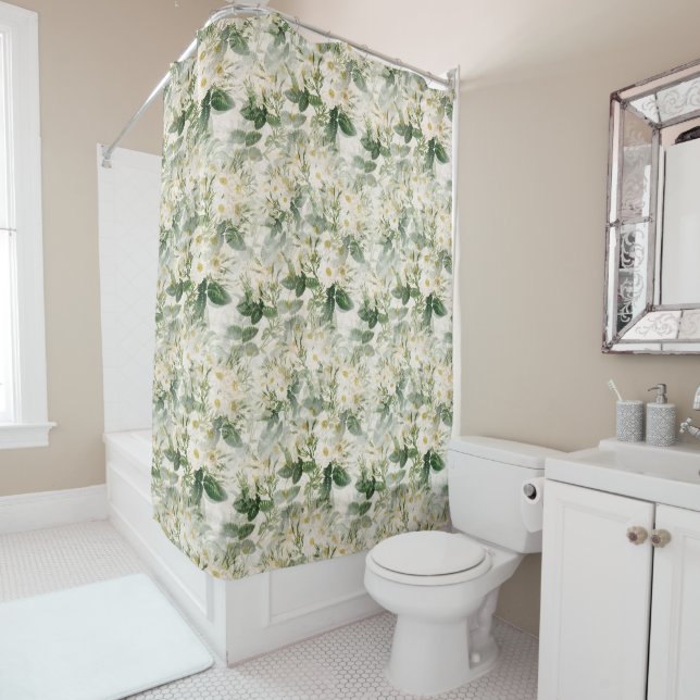 Romantic Smooth White Flowers and Green Leaves Shower Curtain (In Situ)