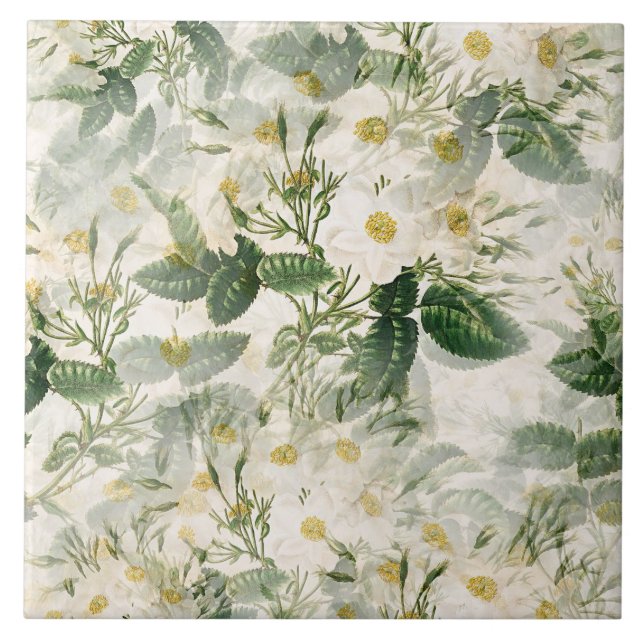 Romantic Smooth White Flowers and Green Leaves Tile (Front)