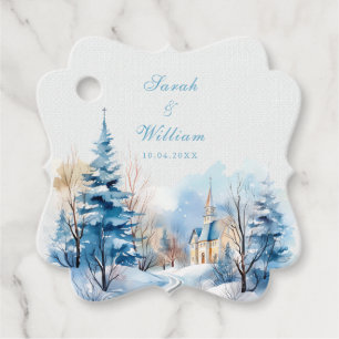Romantic snowy winter church wedding Favour Tags