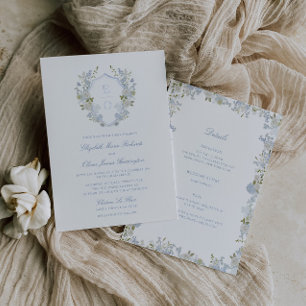 Romantic Soft Blue Floral Crest All In One Wedding Invitation