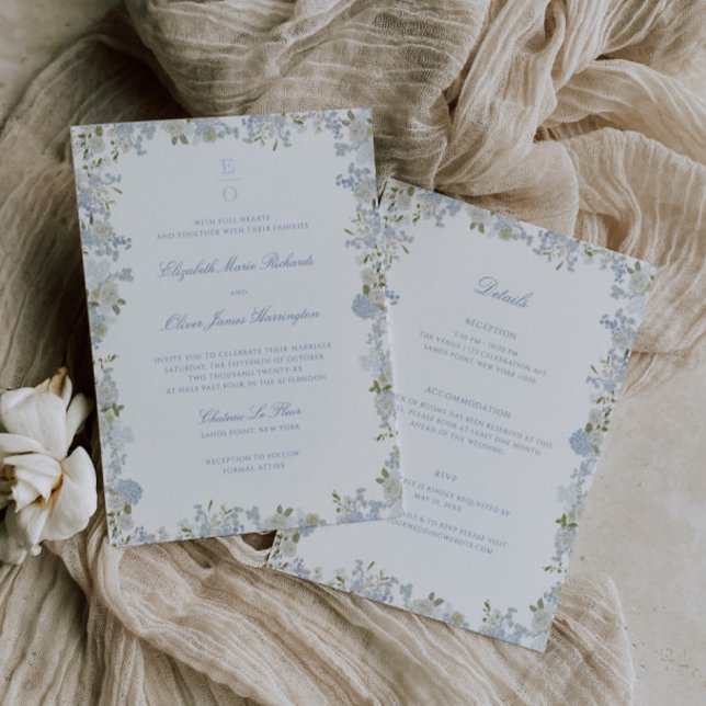 Romantic Soft Blue Floral Frame All in One Wedding Invitation (Creator Uploaded)