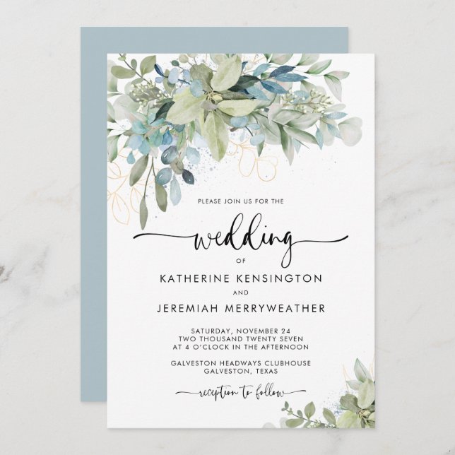Romantic Soft Blue Floral Wedding Invitation (Front/Back)