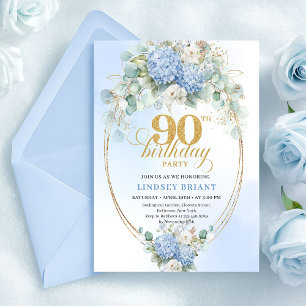 Romantic Soft Blue Hydrangea 90th Birthday Invite