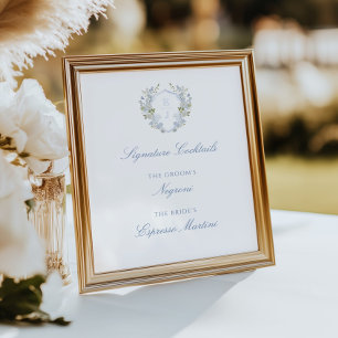 Romantic Soft Blue Monogram Crest Signature Drinks Poster