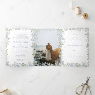 Romantic Soft Blue Vintage Monogram Crest Wedding Tri-Fold Invitation