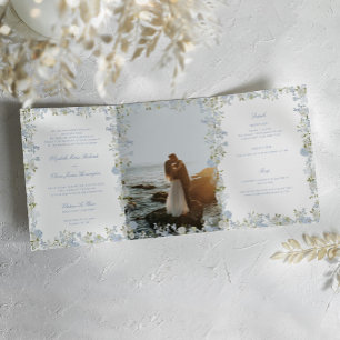 Romantic Soft Blue Vintage Monogram Crest Wedding Tri-Fold Invitation