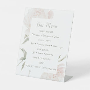 Romantic Soft Blush Peony Wedding Bar Menu Pedestal Sign