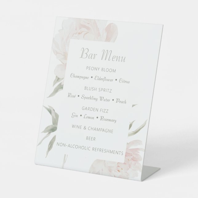 Romantic Soft Blush Peony Wedding Bar Menu Pedestal Sign (Front)