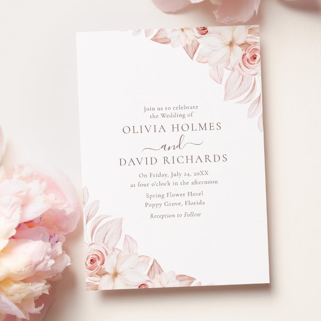 Romantic Soft Blush Roses Wedding Invitation (Romantic White and Pink Roses Wedding Invitation on a pink table with pale pink peonies.)