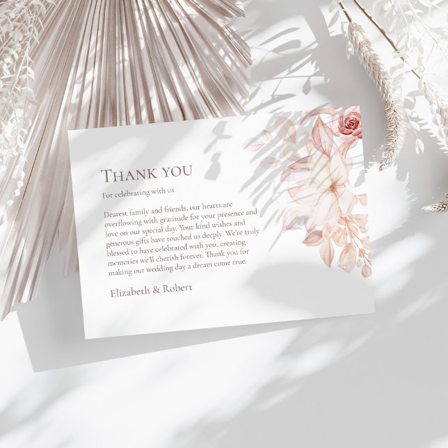 Romantic Soft Blush Roses Wedding Thank You Card (Romantic White and Pink Roses Wedding Thank You Card on a sunny boho white table.)