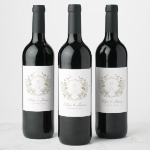 Romantic Soft Blush White Monogram Crest Wedding Wine Label
