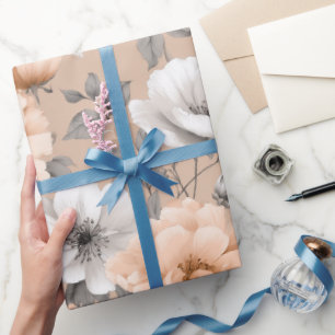 Romantic Soft Peach Flower White Floral Pattern Wrapping Paper