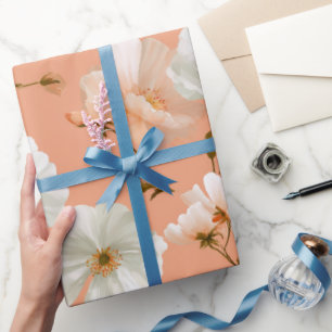 Romantic Soft Peach Flower White Floral Pattern Wrapping Paper