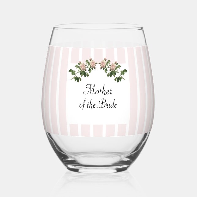 Romantic Soft Pink Mother of the Bride Wedding Stemless Wine Glass (Back)