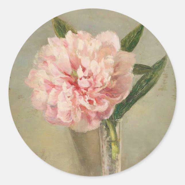 Romantic soft pink peony in vase classic round sticker (Front)