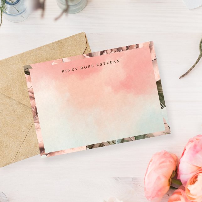 Romantic Soft Pink Rose Watercolor Flat Note Card (A watercolor garden of roses and pastel skies—crafted for words that bloom with serenity and grace.)