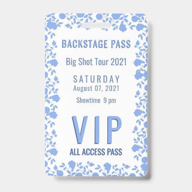 Romantic Soft Pretty Blue Floral VIP Pass Badge ID Badge (Front)