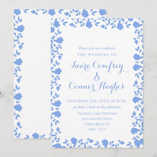 Romantic Soft Pretty White Blue Modern Floral Invitation (Front/Back)