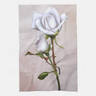 Romantic Soft White Roses Elegant Floral Glam Tea Towel