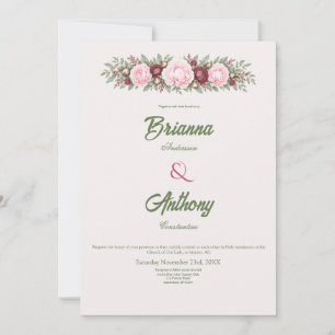 Romantic Soft Wine & Pink Peony Botanical Wedding Invitation