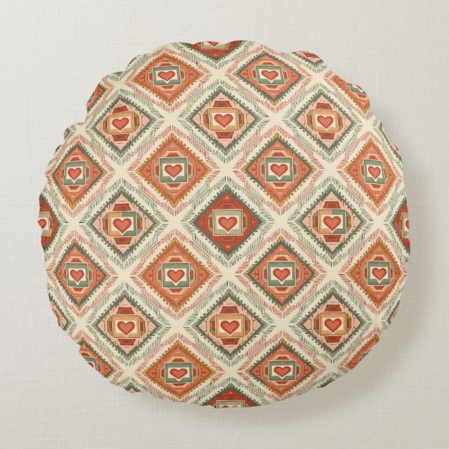 Romantic Southwestern Heart Pattern Peach & Sage Round Cushion (Front)