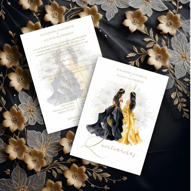 Romantic Spanish Quinceañera Twins in Black Yellow Invitation (Romantic Spanish Quinceañeras Twins in Black & Yellow Shades Invitation Card with Envelope.)