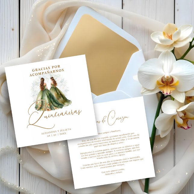 Romantic Spanish Quinceañeras Twins Dolls Green Thank You Card (Romantic Spanish Quinceañeras Twins Dolls in Green and Brown Shades Thanks You Cards. )