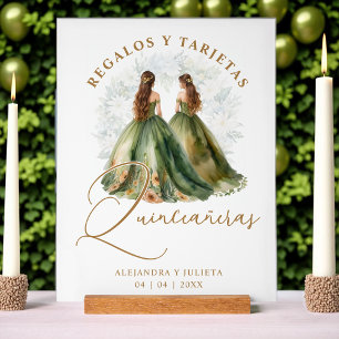 Romantic Spanish Quinceañeras Twins Dolls in Green Acrylic Sign