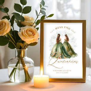Romantic Spanish Quinceañeras Twins Dolls in Green Table Number