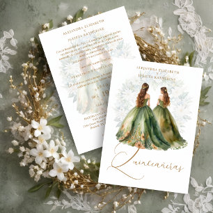 Romantic Spanish Quinceañeras Twins Green Shades Invitation