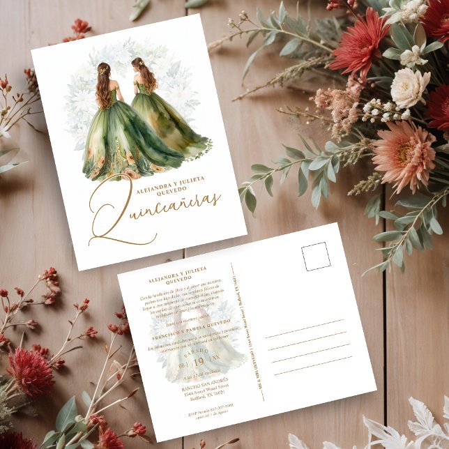 Romantic Spanish Quinceañeras Twins in Green Brown Postcard (omantic Spanish Quinceañeras Twins in Green and Brown Shades Postcards Invitations Cards.)