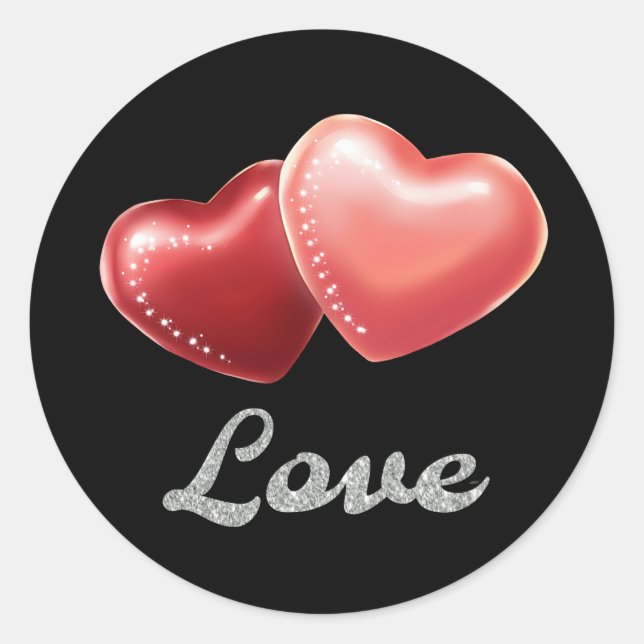 Romantic Sparkling Red Hearts "Love" Glitter Desig Classic Round Sticker (Front)