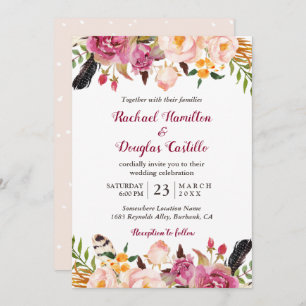 Romantic Spring Boho Floral Feather Wedding Invitation