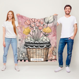 Romantic Spring Flowers in Pink and Gold Fleece Blanket