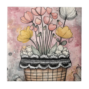 Romantic Spring Flowers in Pink and Gold Tile