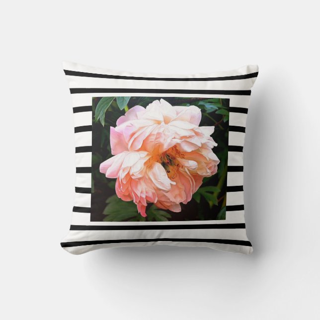 Romantic Spring Peach Peony on Black Stripes Cushion (Front)