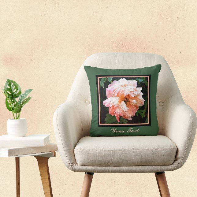 Romantic Spring Peach Peony on Green Cushion (Creator Uploaded)