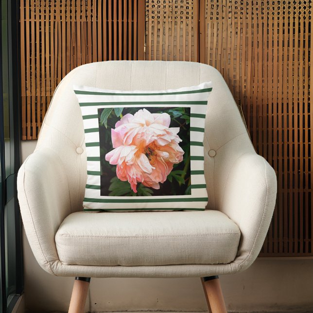 Romantic Spring Peach Peony on Green Stripes Cushion (Creator Uploaded)