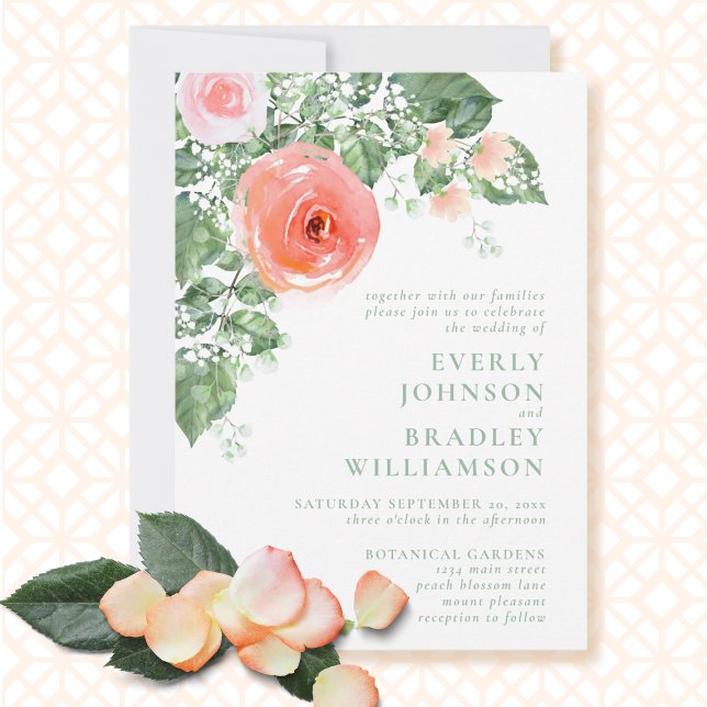 Romantic Spring Summer Coral Pink Green Wedding Invitation (Creator Uploaded)