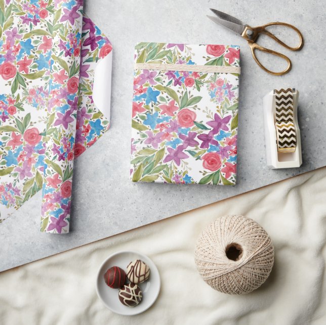 Romantic Spring Wildflowers Watercolor Pattern Wrapping Paper (Crafts)