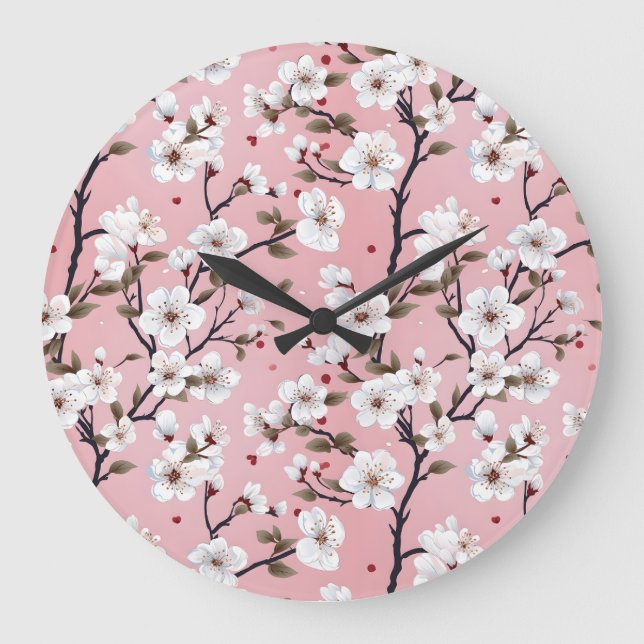 Romantic Springtime Cherry Blossoms Japandi Floral Large Clock (Front)