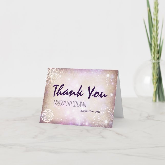 Romantic Starry Floral Wedding Thank You Cards (Front)