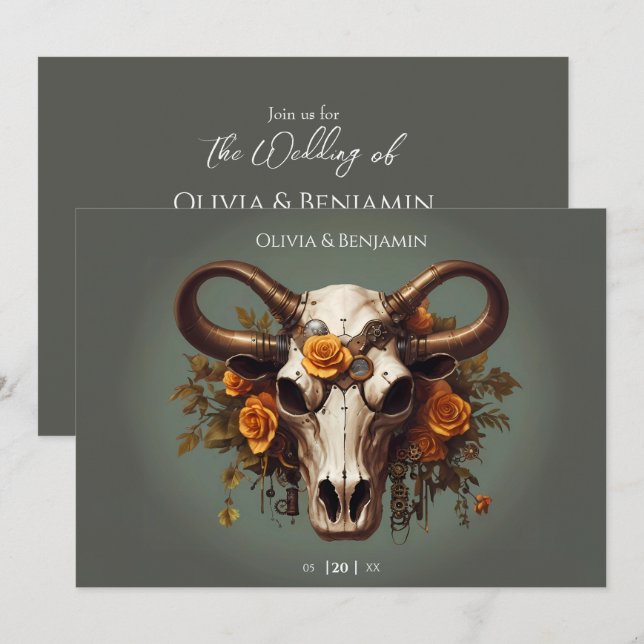 Romantic Steampunk Floral Cow Skull Wedding Invitation (Front/Back)