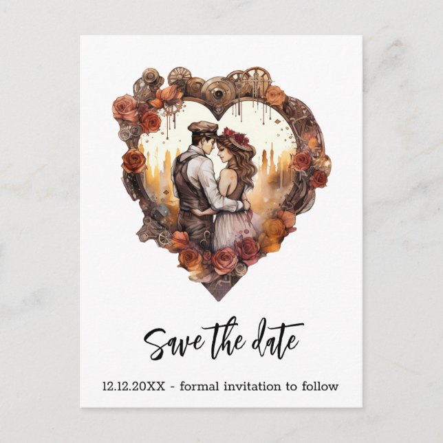 Romantic Steampunk Wedding Heart Announcement Postcard (Front)